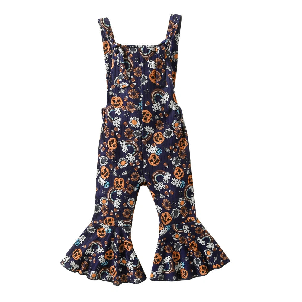 Girl’s Halloween Printed Square Collar Suspender Flared Jumpsuit