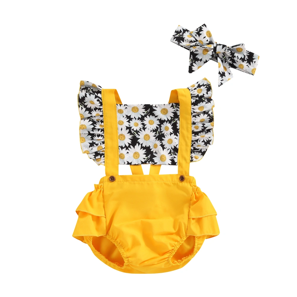 Baby Girl Jumpsuit Suspender Daisy Patchwork Romper + Hairband 