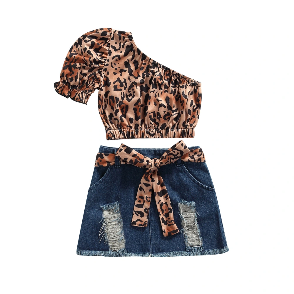 Girl’s Leopard One-shoulder T-shirt and Ripped Denim Skirt Set