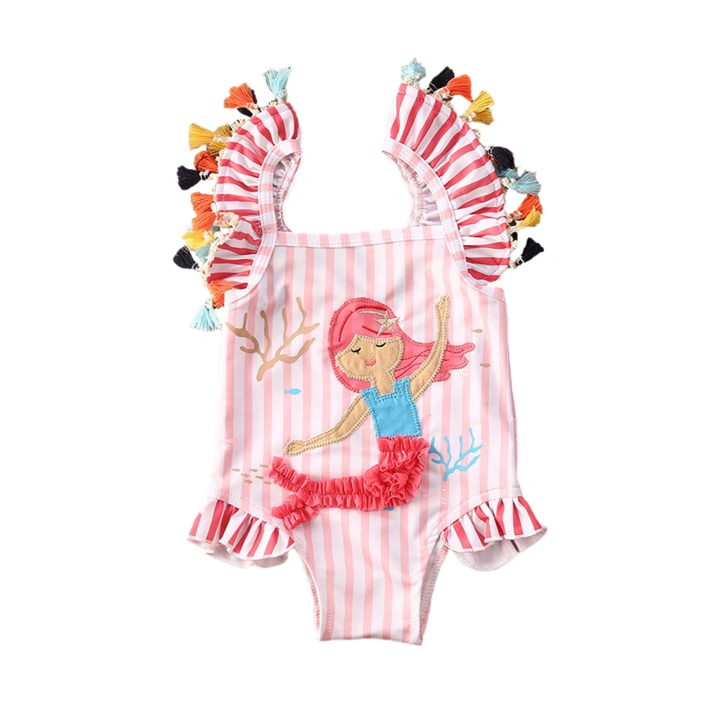 Lovely Baby Girl Swimwear, Sleeveless Tassel Cuff Square Neck Stripe 