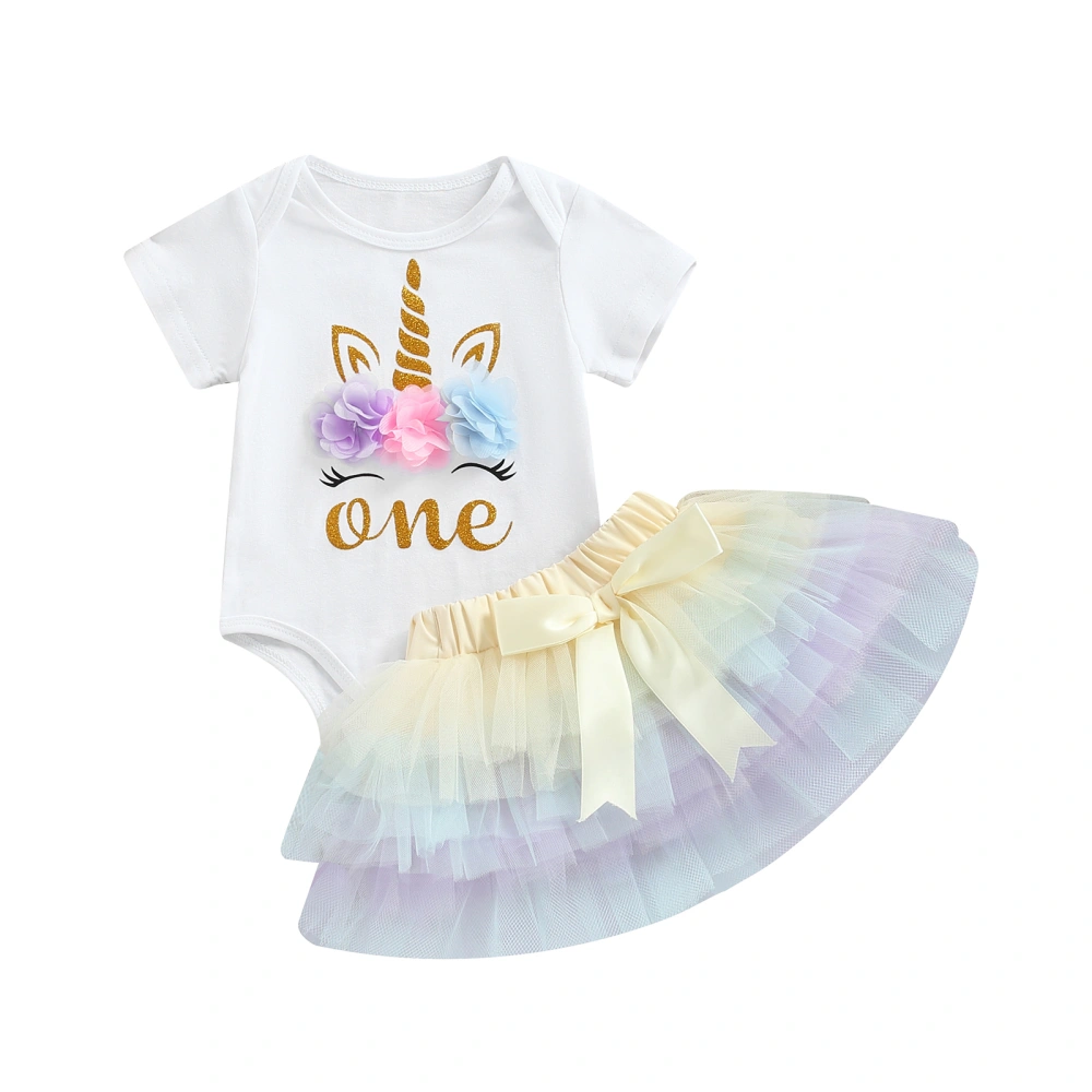 Baby Girls Unicorn and Flower Pattern Romper and Yarn Hem Skirt