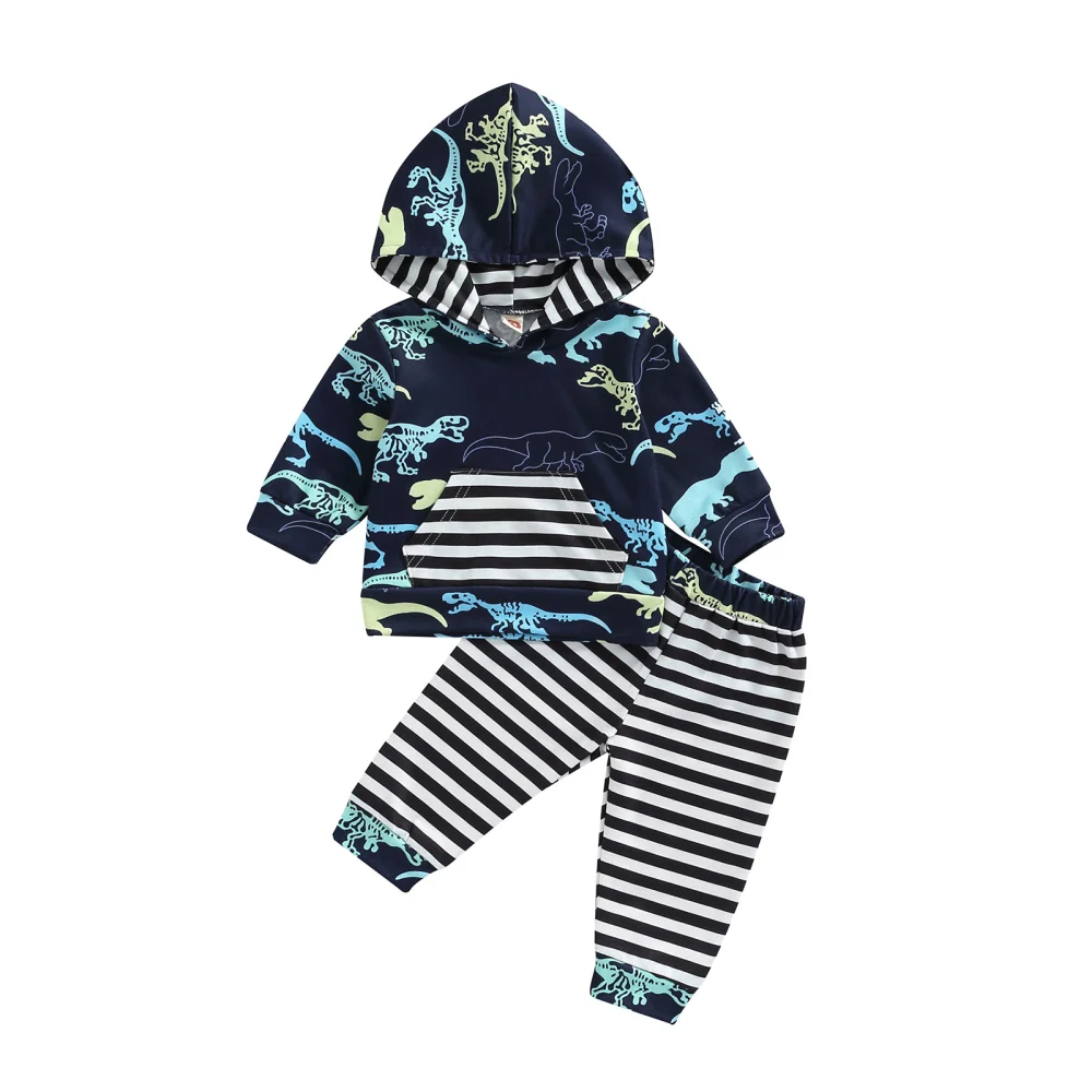 Baby 2PCS Outfits, Long Sleeve Dinosaur Stripe Hoodie + Long Pants