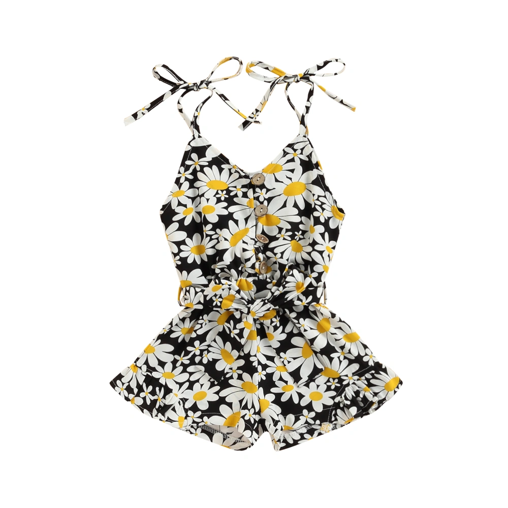 Baby Girls Summer Romper, Chrysanthemum Print Sleeveless Jumpsuit 