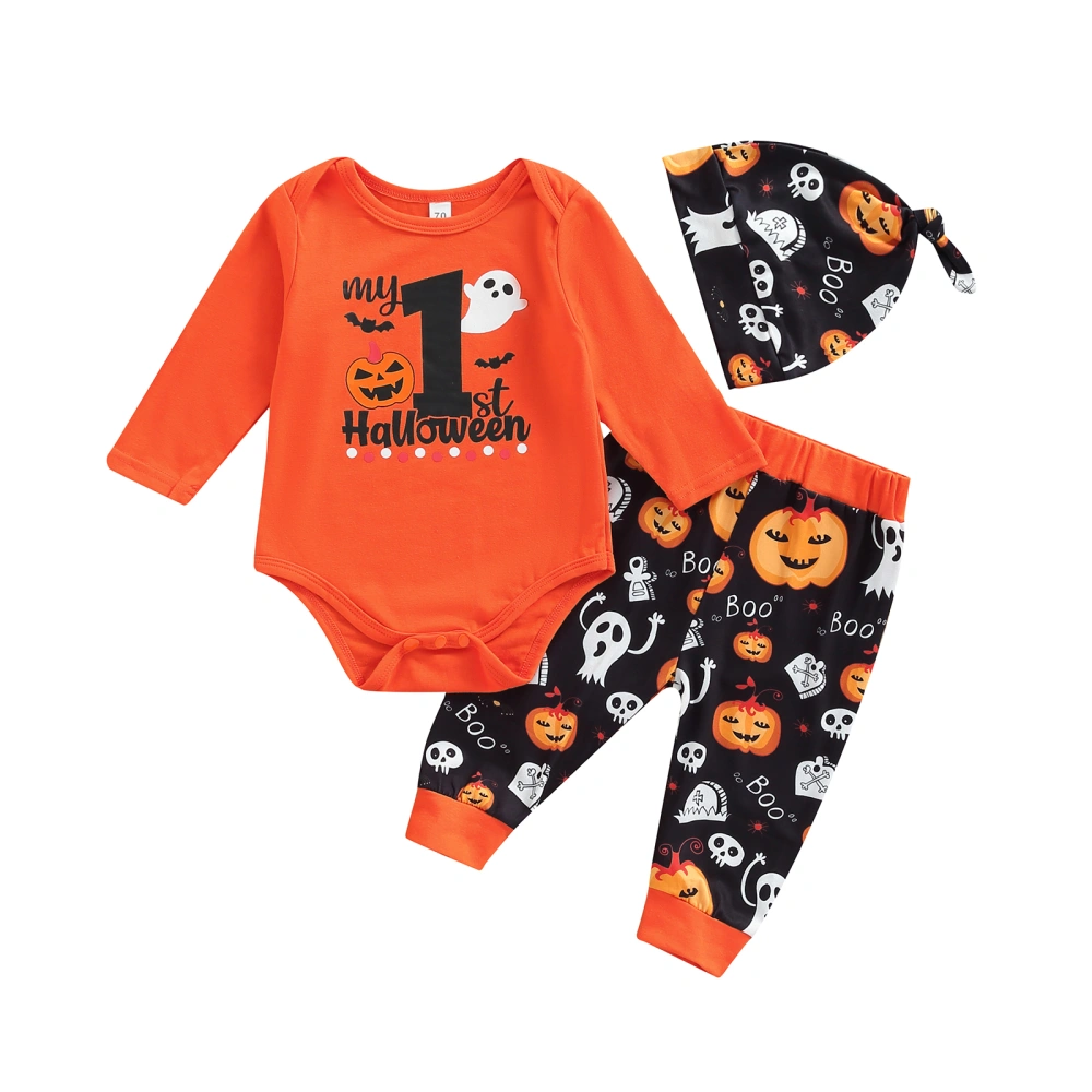 Infant Halloween 3Pcs Outfits, Crew Neck Romper + Printed Pants + Cap