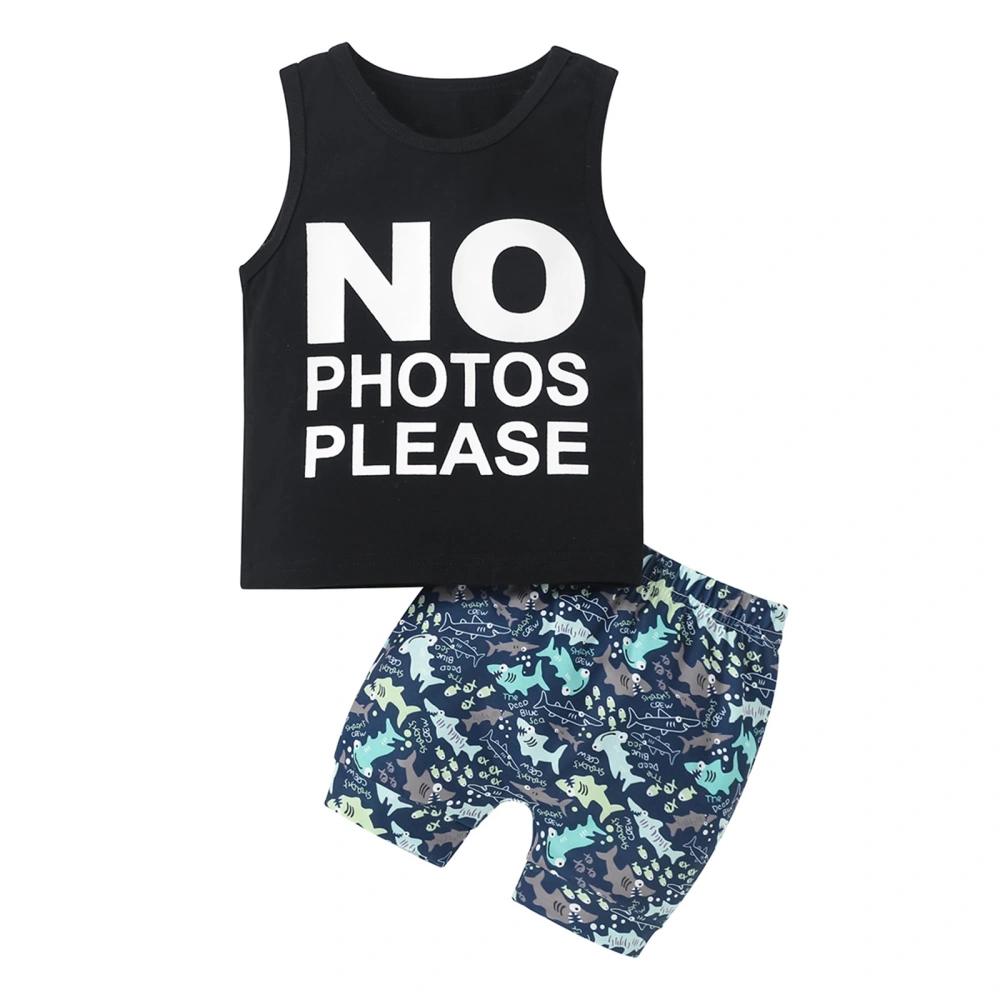 Baby Boys Shorts Set, Letters Print Tank Top with Shark Print Shorts