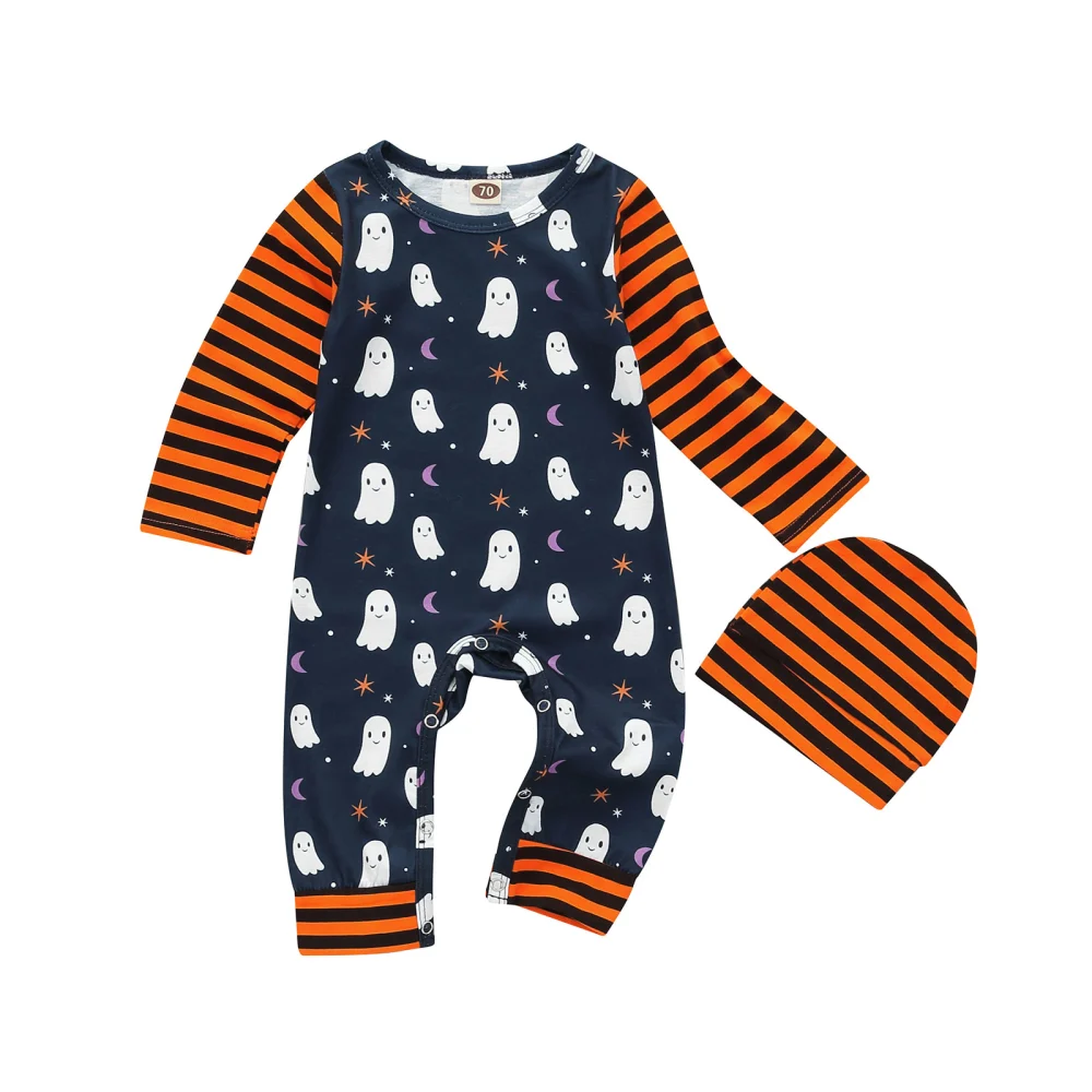 Boys Girls Halloween Long Sleeve Ghost Print Striped Jumpsuit + Hat