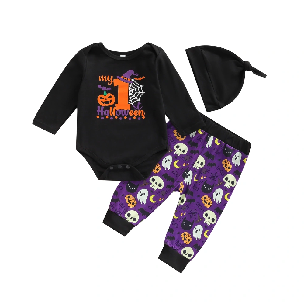 Baby Long Pants Suit, Long Sleeve Romper + Skull Ghost Pants + Hat Set