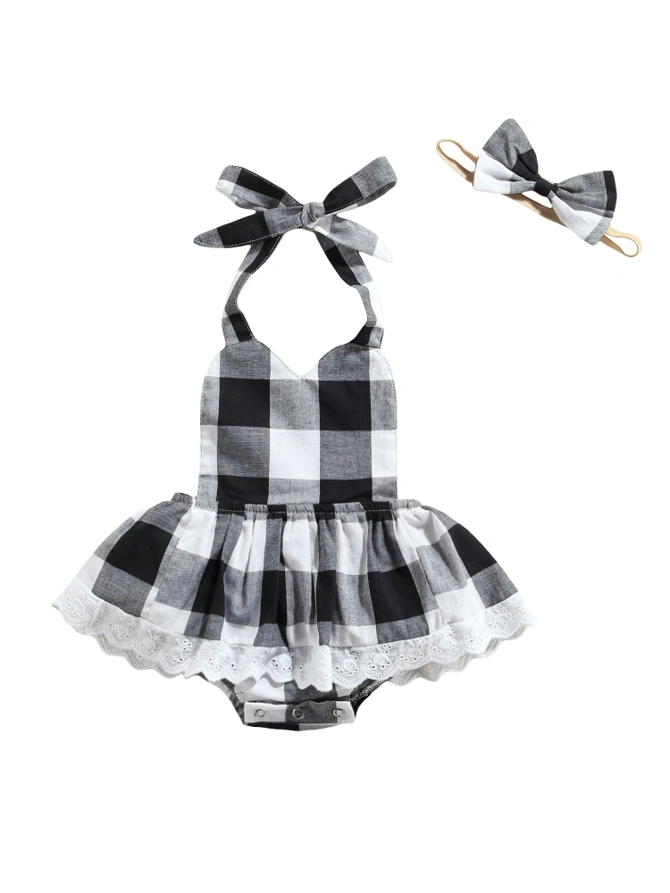 Christmas Tie-up Lace Trim Plaid Halter Romper + Headband with Bowknot