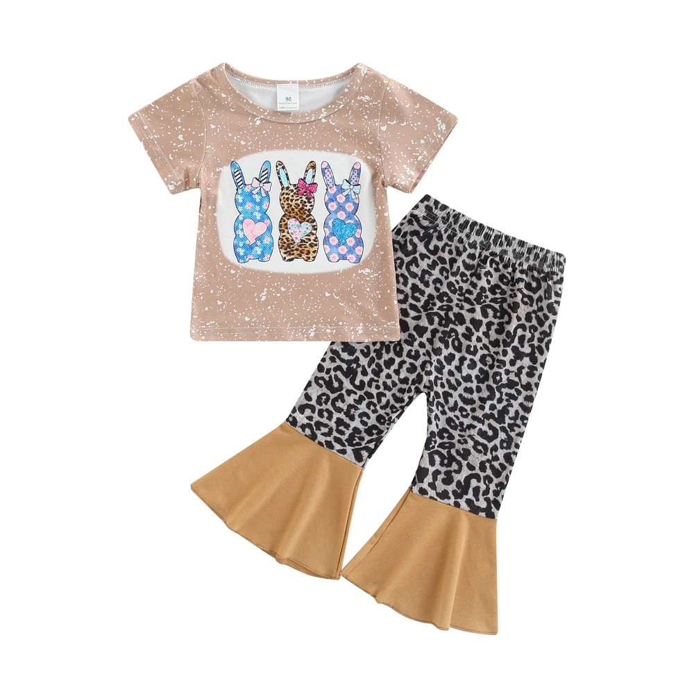 Kid Girls Outfit Set Cartoon Rabbits Print T-shirt Leopard Flared Pant