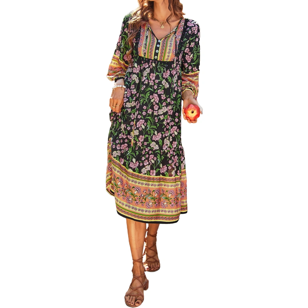 Women’s Flower Print Tie-up Button V-neck Long Sleeve Mid-length Dress