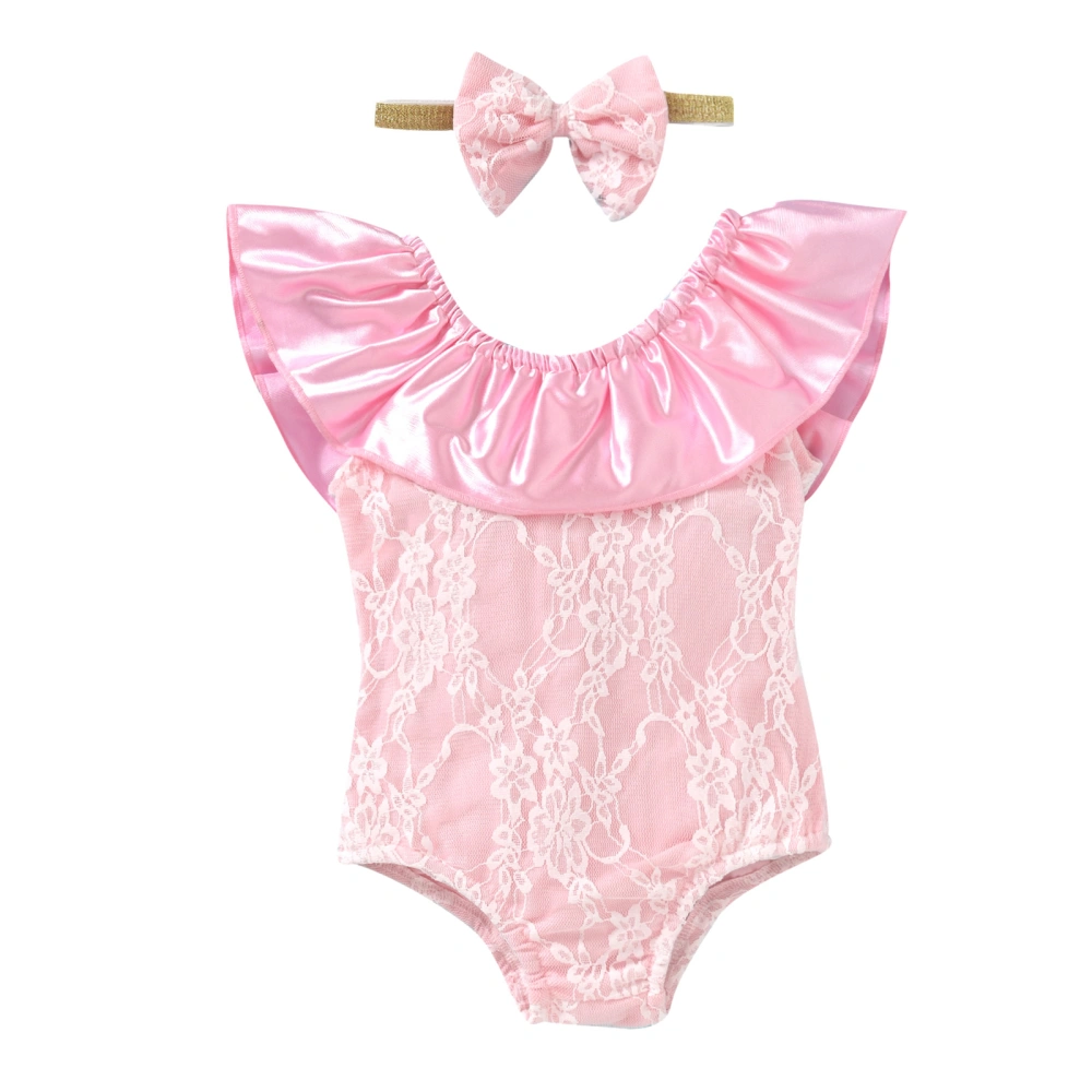 Kids One Piece Swimsuits Girl Floral Lace Ruffled Swimwear Hair Band 