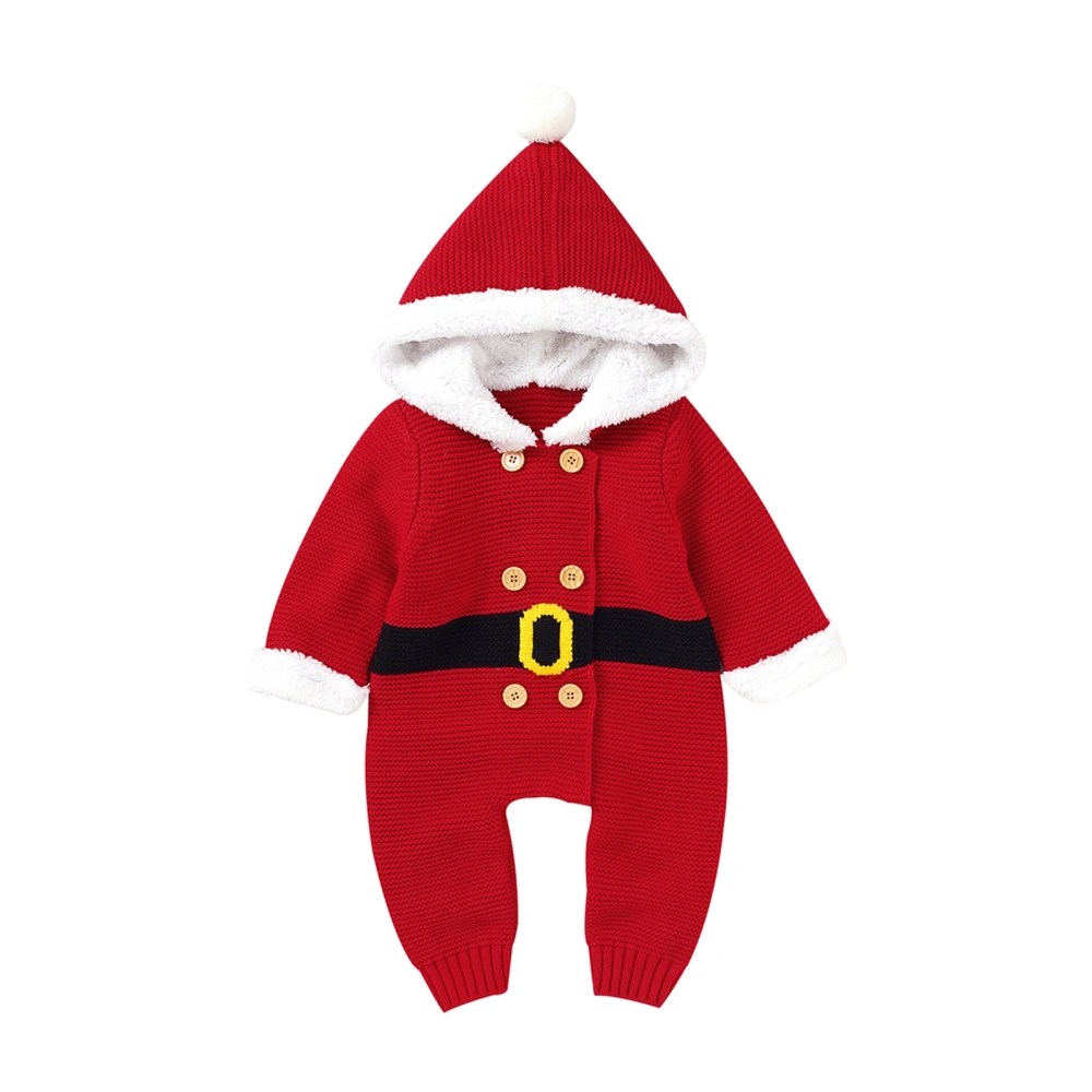 Infant Christmas Hooded Romper with Double-Breasted, Fur Ball