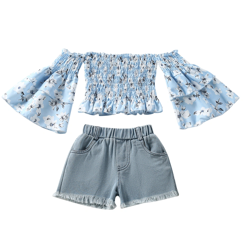 Girls Two Pieces Clothes Outfit, Floral Printed Tops + Denim Shorts