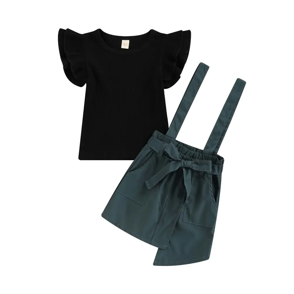 2Pcs Girls Summer Outfits, Ribbed T-Shirt + Irregular Suspenders Skirt