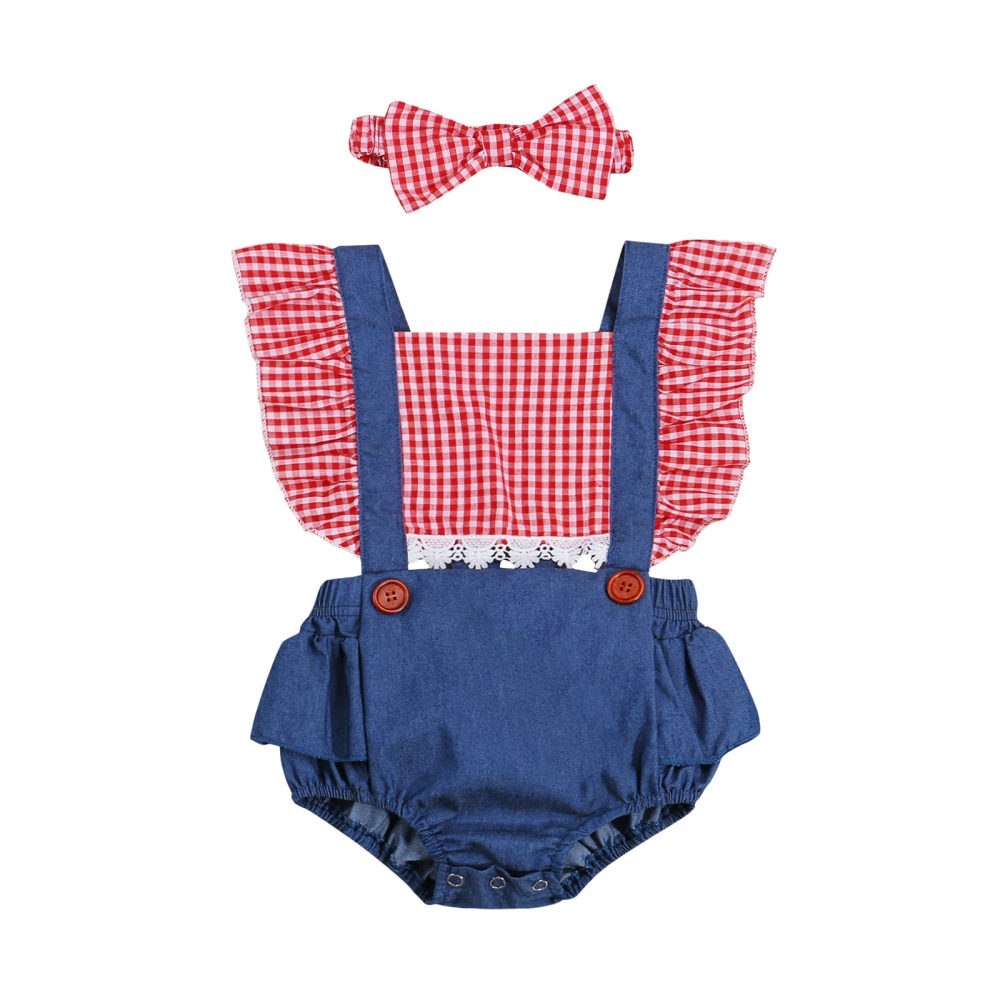 Baby Girls Outfit, Red Plaid Fly Sleeve Denim Splicing Romper