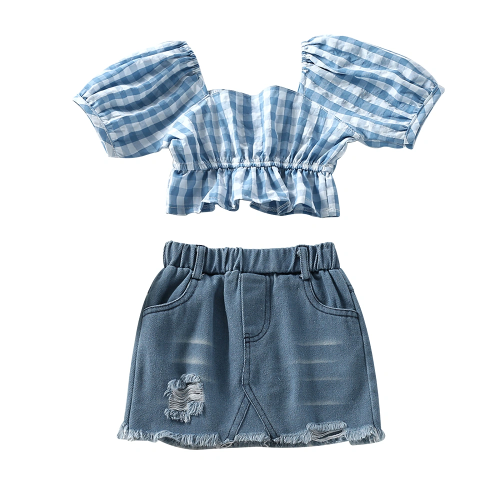 2PCS Girls Summer Clothes, Plaid Print Tops + Denim Skirt Set