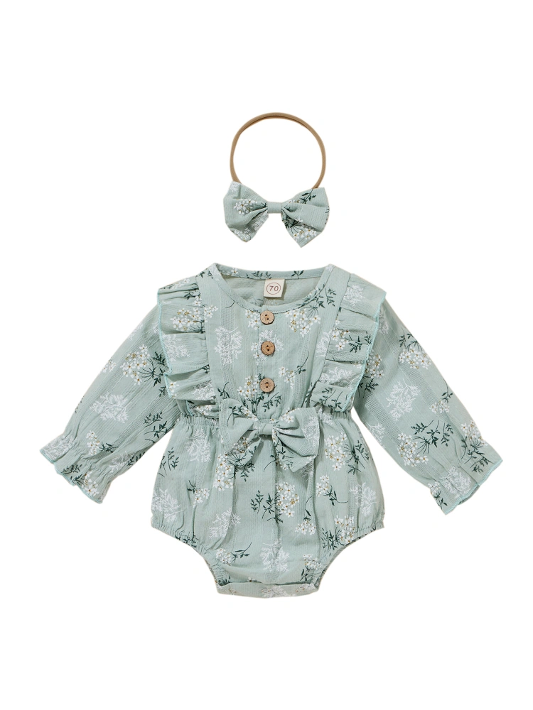 Girls Floral Print O-Neck Long Sleeve Baby Romper with Hairband