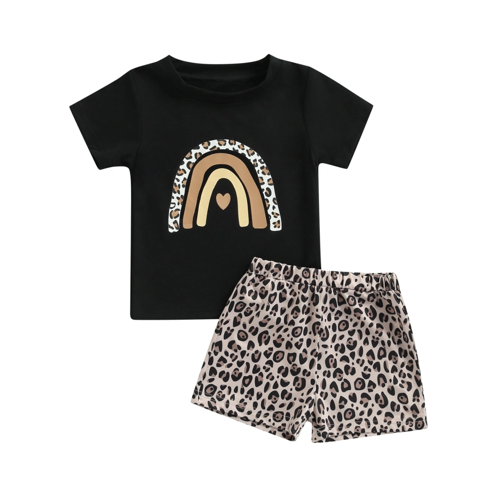 Leopard Rainbow Pattern Short Sleeve Round Neck T-shirt + Shorts