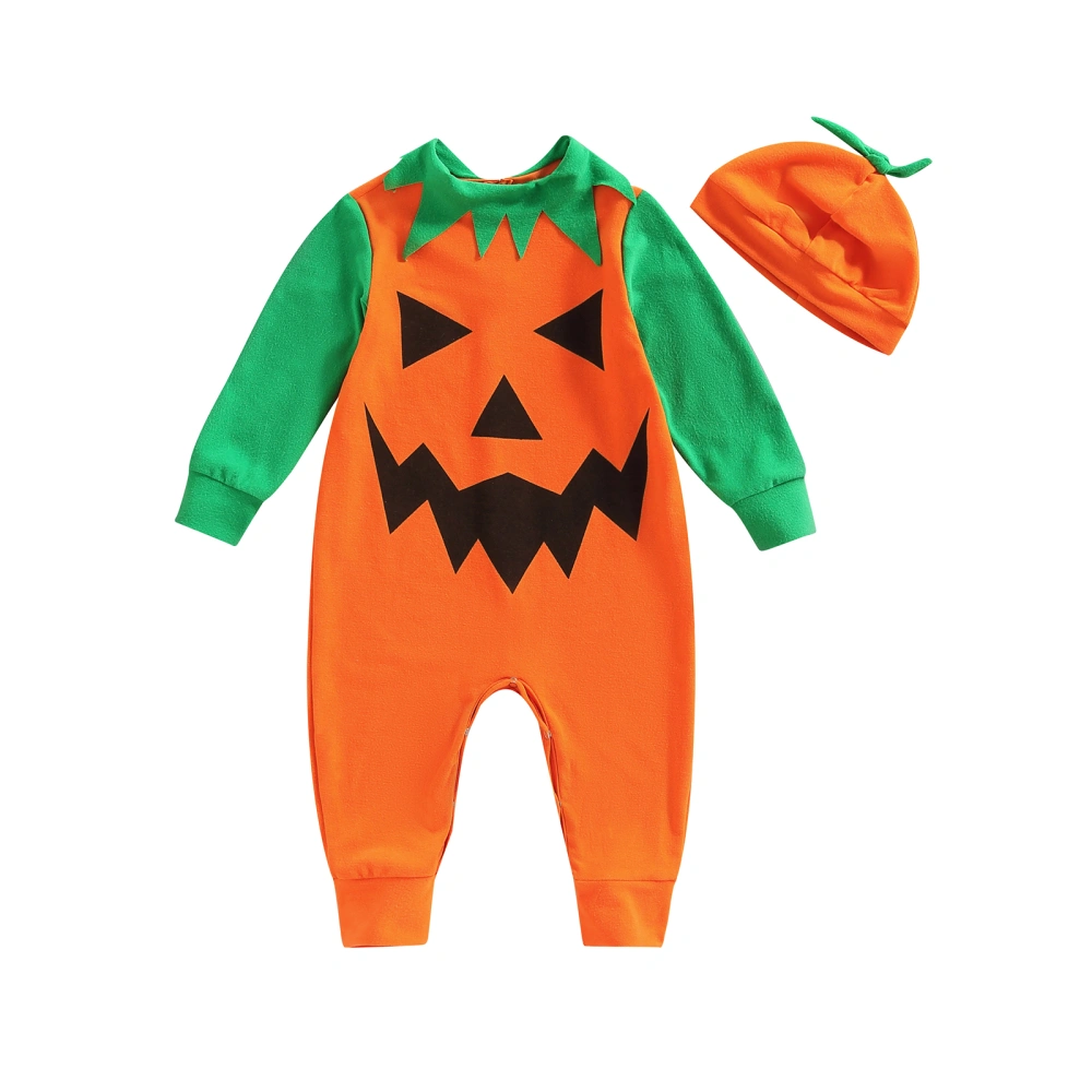 Infant Baby Halloween Romper, Long Sleeves Pumpkin Jumpsuit + Hat