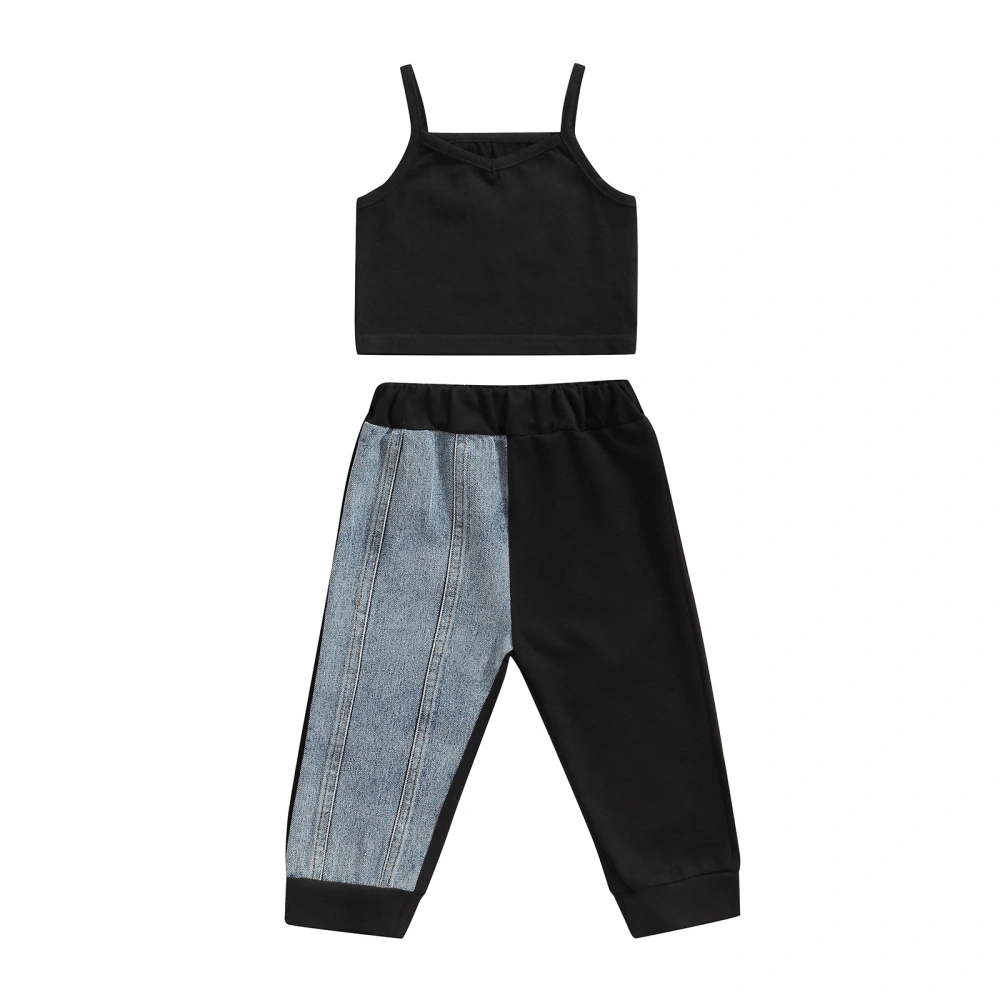 Girl Two-Piece Suit Sleeveless Sling Crop Tops + Patchwork Color Pants