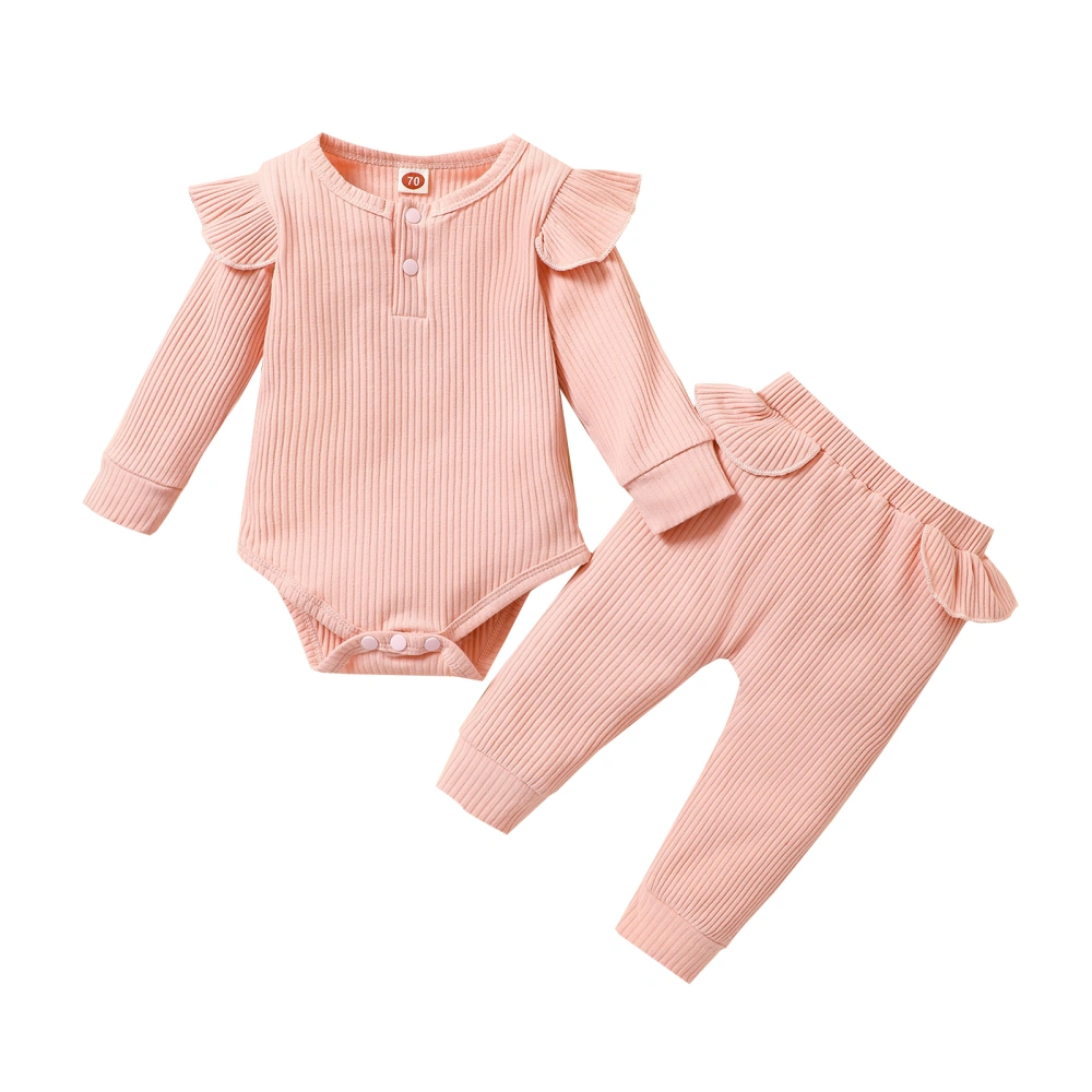 2Pcs Baby Outfits, Solid Color Ribbed Long Sleeves Romper + Pants