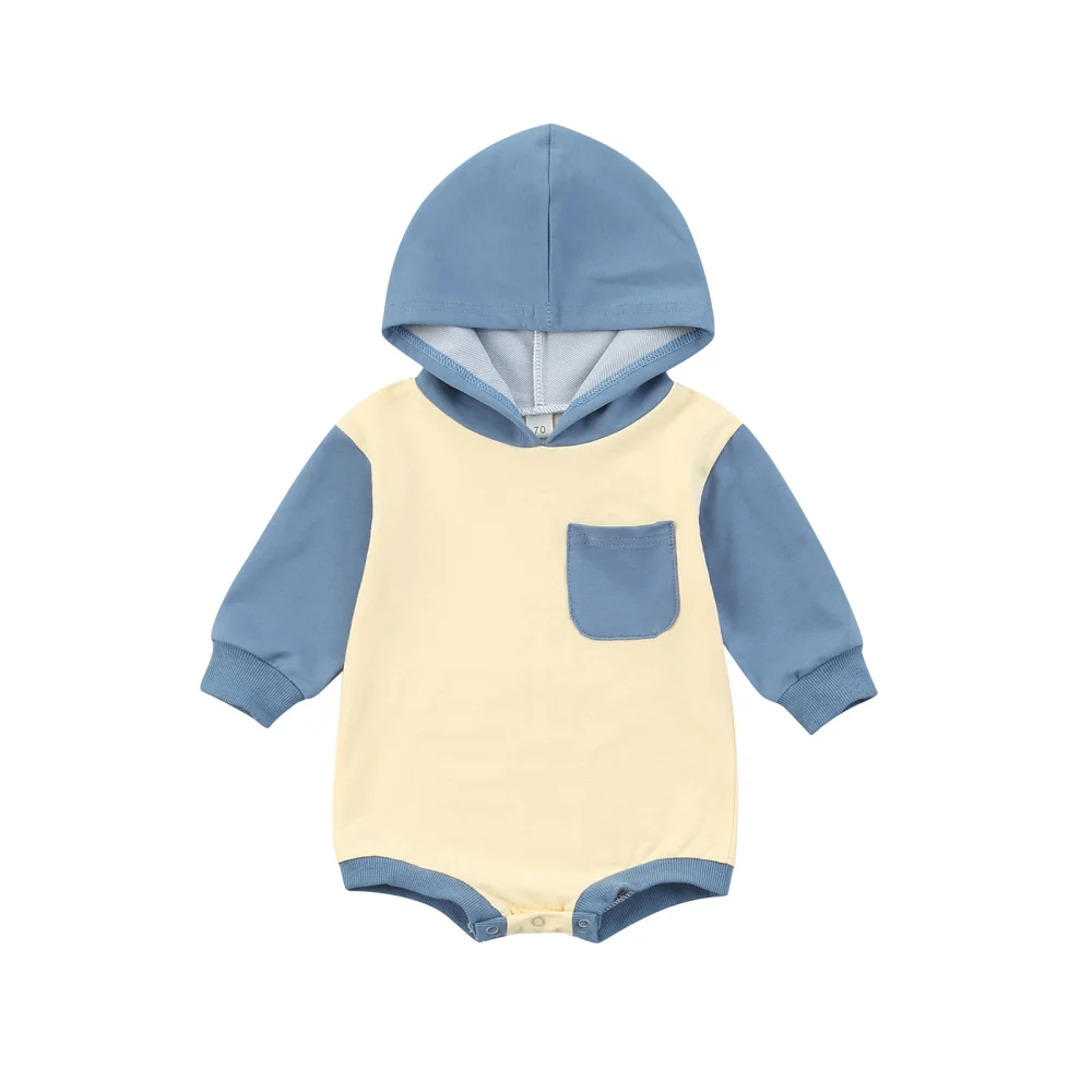 Baby’s Fashion Contrast Color Long Sleeve Hooded Romper with Pocket