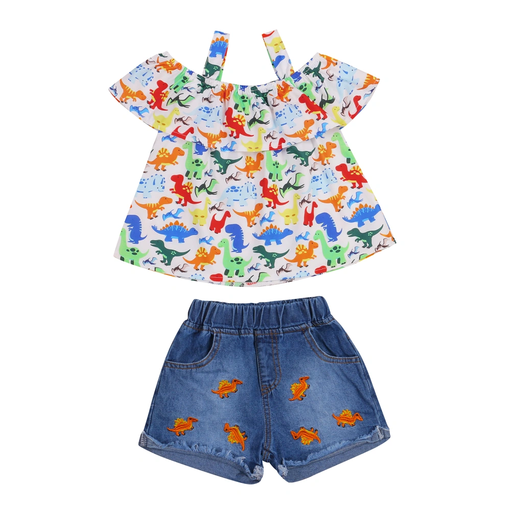 Little Girls Outfit, Printing Flouncing Suspender Tops, Denim Shorts