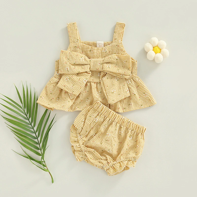 Baby Infant Two Piece Set, Floral Plaid Pattern Tops Elastic Shorts