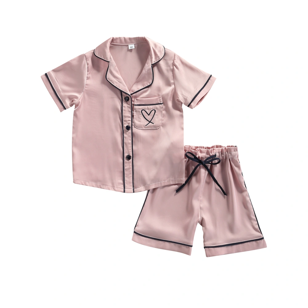 Pajama Set, Heart Pattern Shirt with Pocket + Drawstring Shorts