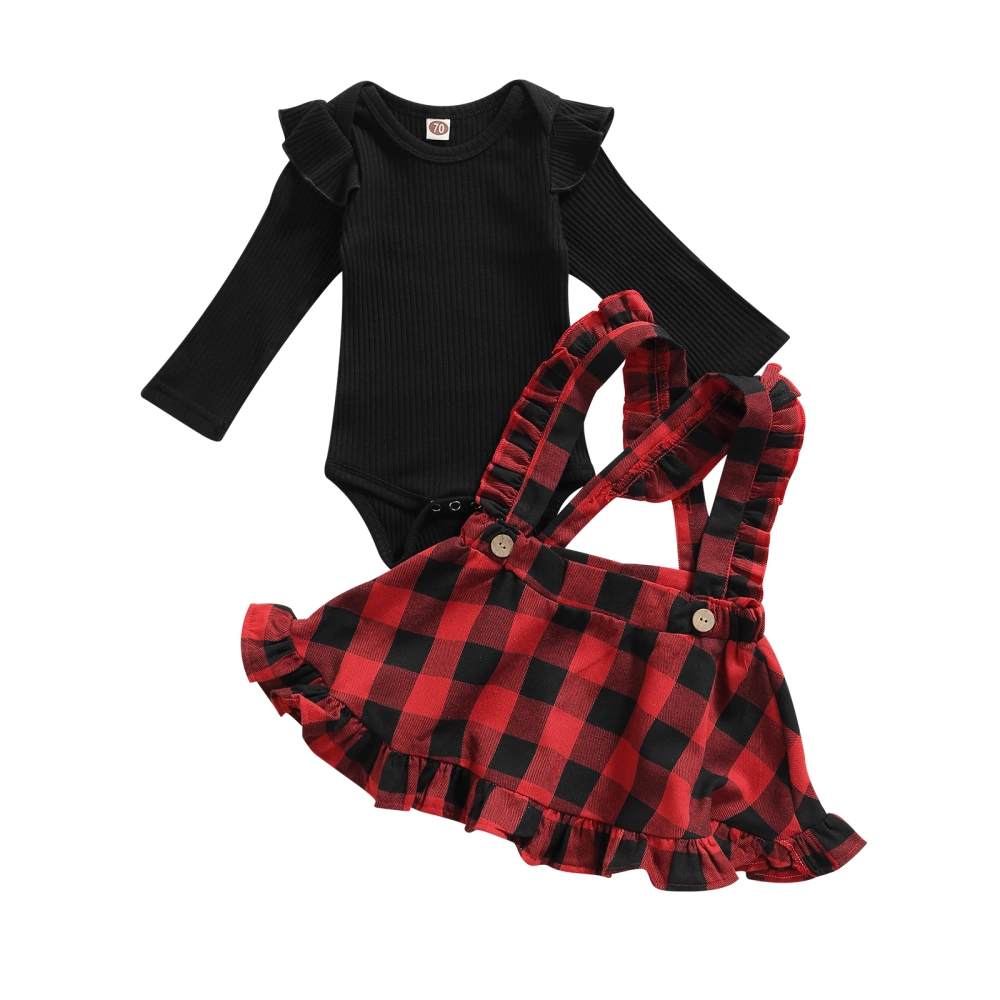 2Pcs Baby Girl Fall Clothes, Rib Knit Bodysuit + Plaid Suspender Skirt