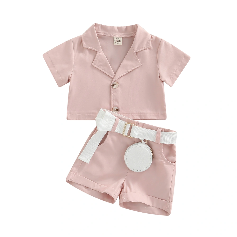 Girls Three Pieces Clothes Outfit, Short Sleeve Blouse + Shorts + Belt