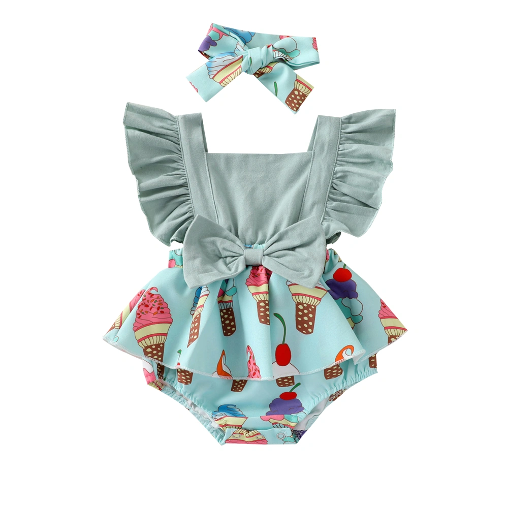 Baby Girl Summer Outfit, Ice Cream Print Square Neck Romper + Hairband