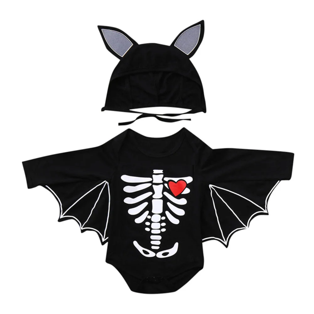 Baby Halloween Clothes Set, Skull Print Bat Sleeve Romper+Hat