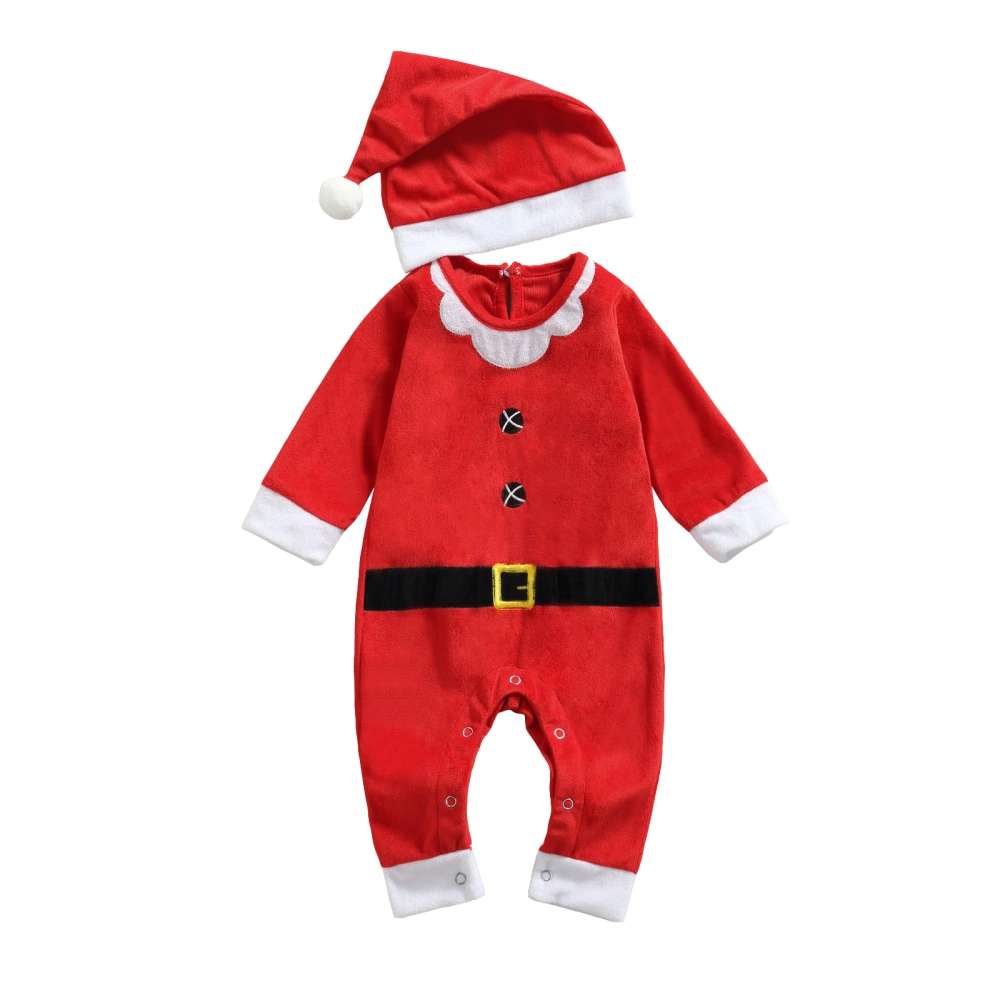 Baby 2Pcs Christmas Outfits, Long Sleeve Santa Jumpsuit with Hat Set