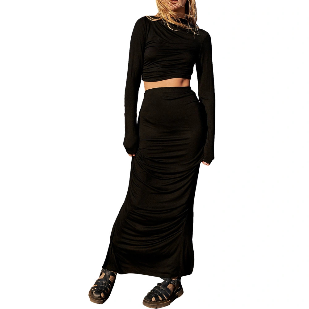 Women Summer 2 Piece Outfits Backless Long Sleeves Tops and Slit Skirt