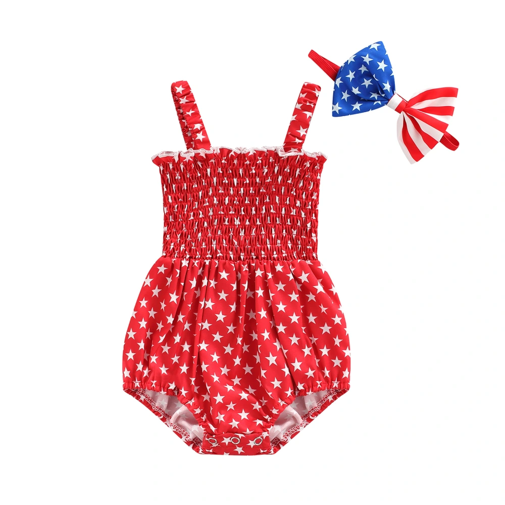 Girls Sleeveless Backless Stars Print Romper + Bowknot Headband