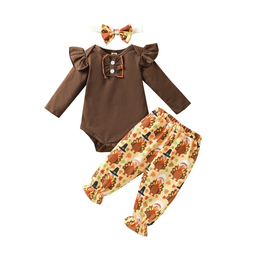 3Pcs Baby Thanksgiving Outfit, Romper + Cartoon Pants + Hairband