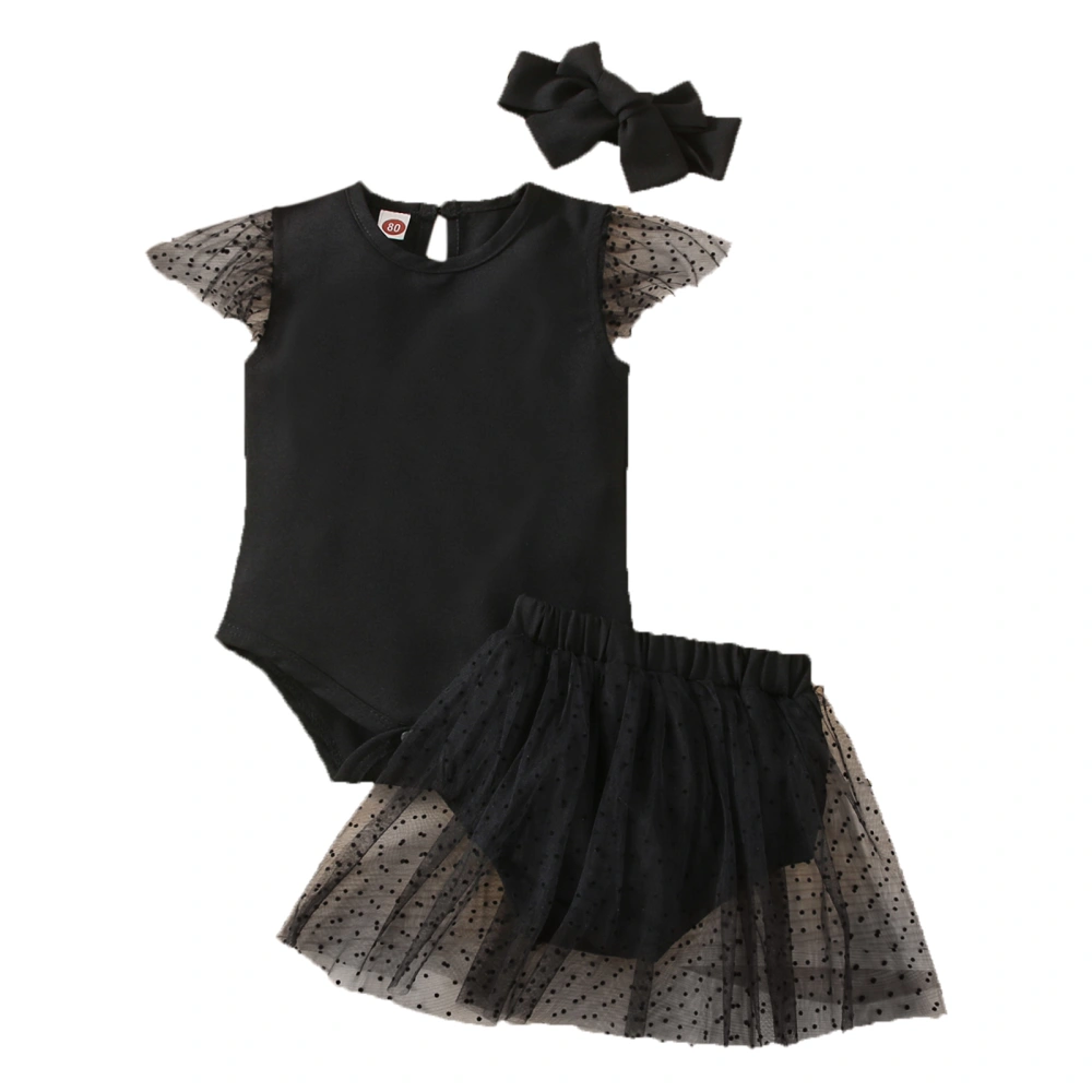 Baby Girl's Three-Piece Suit, Flying Sleeve Romper + Shorts + Headband