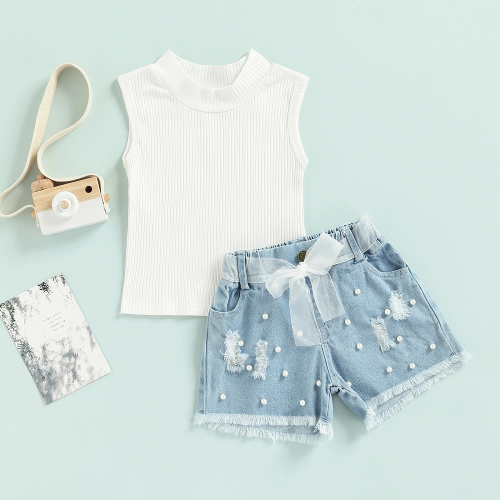 Girls Summer Clothes Sleeveless Tops and Ripped Denim Shorts with Belt