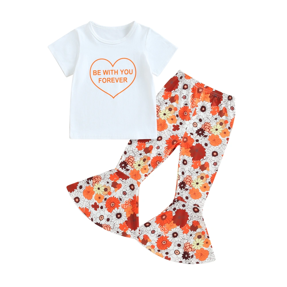 Kids Girl Summer Outfits Letter Heart Print T-Shirts Flare Pants Set