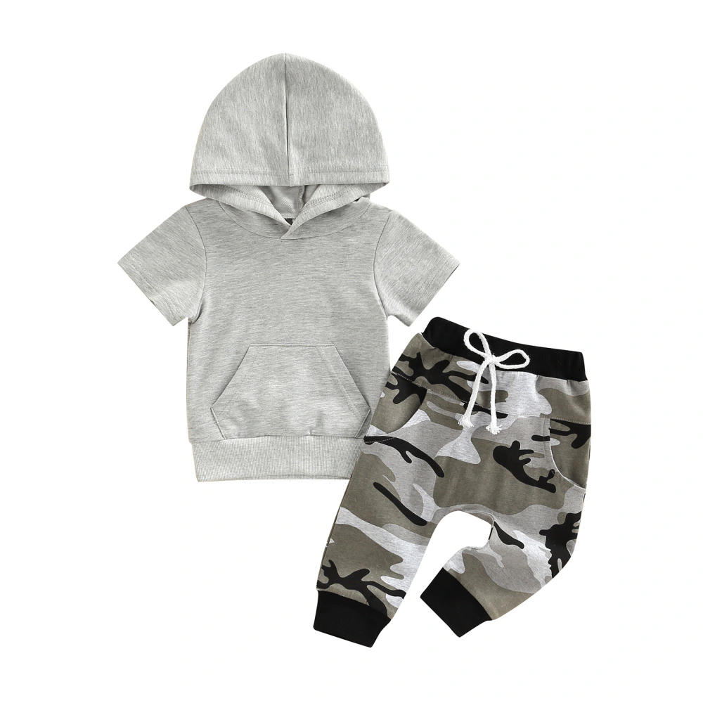 Baby Boy Pants Suits, Short Sleeve Hoodie + Camouflage Pants + Hat Set