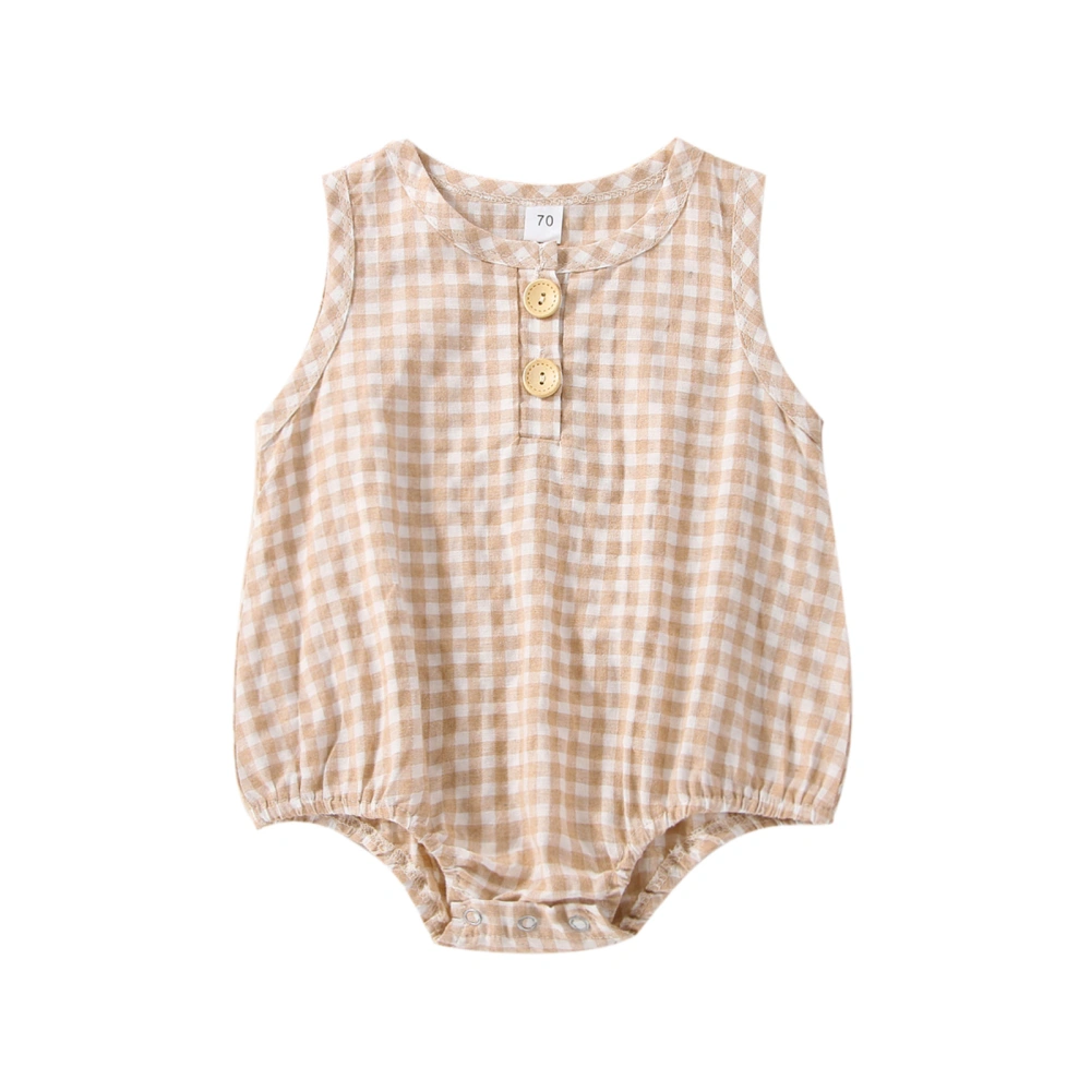 Baby Girls Summer Khaki Sleeveless Round Neck Button Plaid Romper