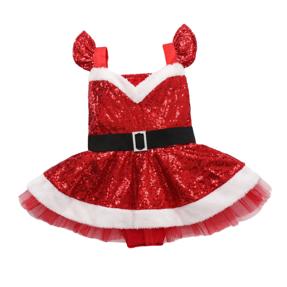 Girl’s Christmas Sequin Mesh Yarn Stitching Fly Sleeve Romper/Dress