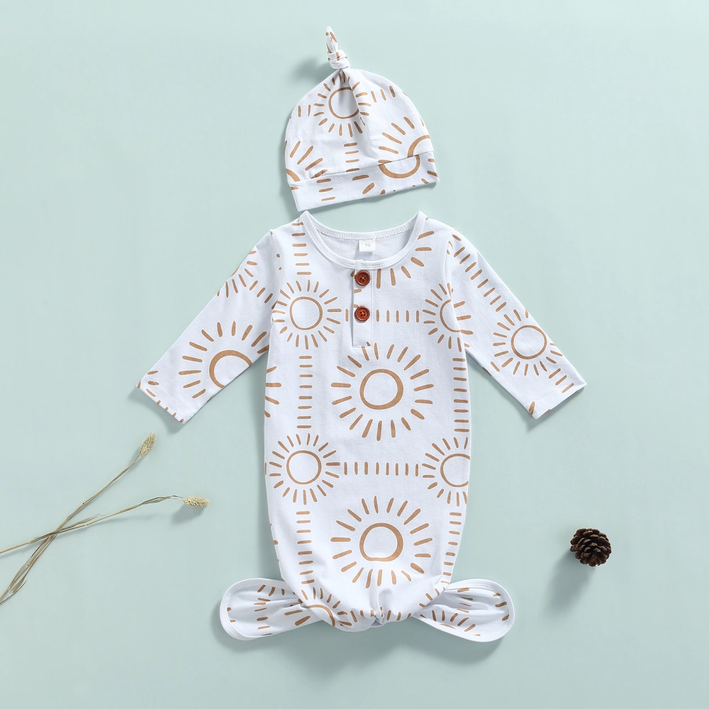 Baby Nightwear with Hat, Sun Print O-Neck Long Sleeve Sleepwear+ Cap