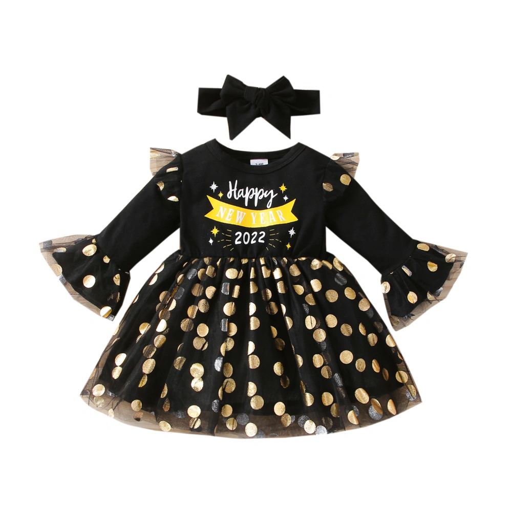 Toddler Girls Long Sleeve Round Neck Ruffle Dot Print Dress + Headband