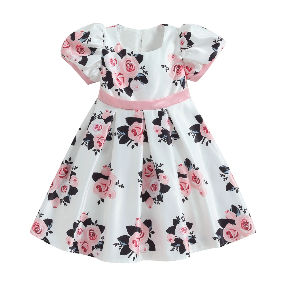 Girl’s Princess Dress Puff Sleeve V-neck Flower Print Bow A-line Dress