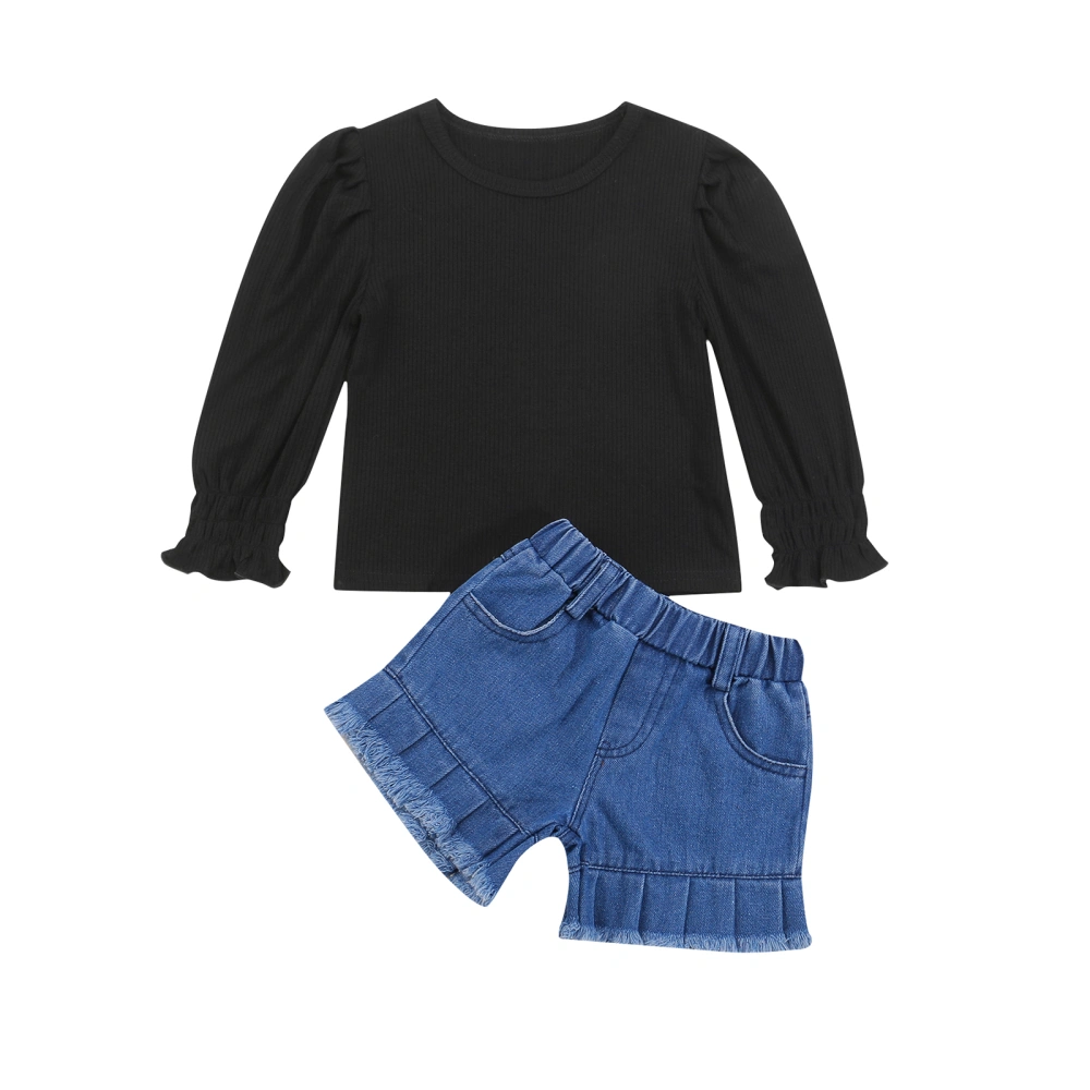 Girls Clothes Set, Solid Color Round Collar Knitwear and Shorts