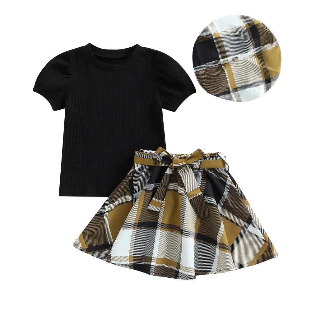 2PCS Kid Girls Summer Clothes, Tops + Plaid Skirt + Beret Hat Set