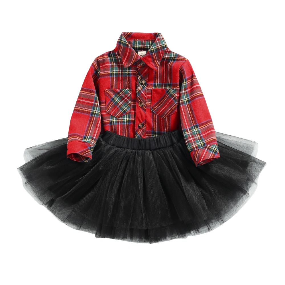 Baby Long-sleeved Shirt + Mesh Skirt, Multi-layer British Plaid