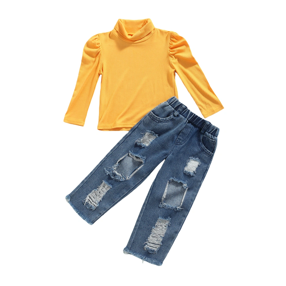 Kids Tracksuit, Girls Solid Color Mock-Neck Knit Tops + Ripped Jeans